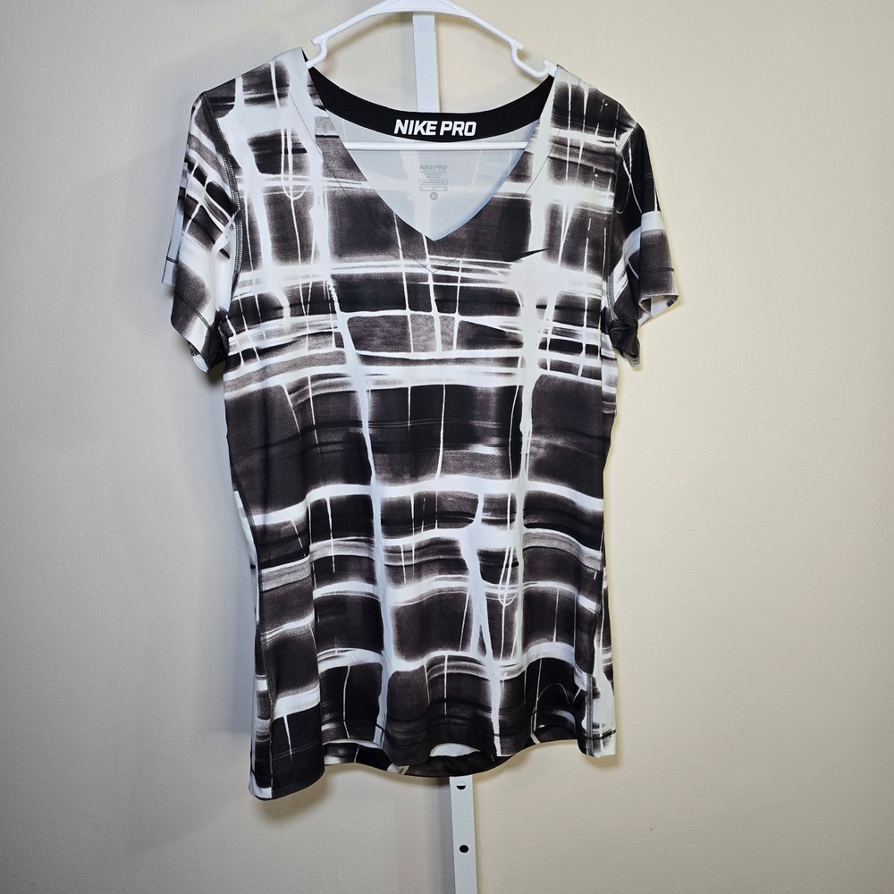 Nike Pro Women's XL Training Top Brown White Abstract V‎ Neck Short Sleeve